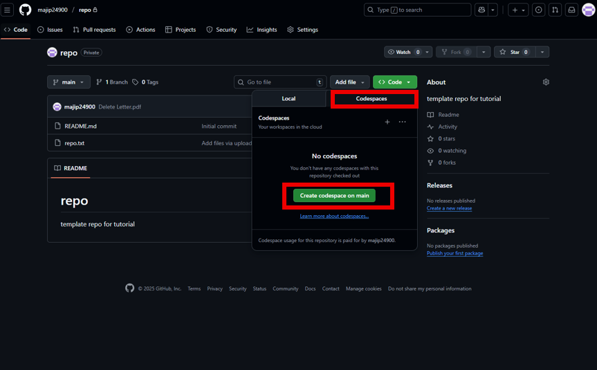 Codespaces tab with option to create a new codespace