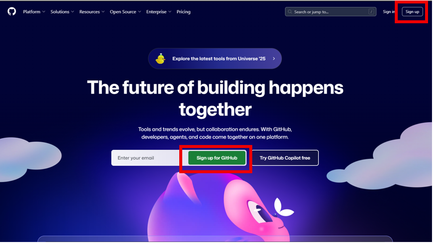 GitHub homepage with Sign Up buttons in the middle and top-right corner of the homepage.