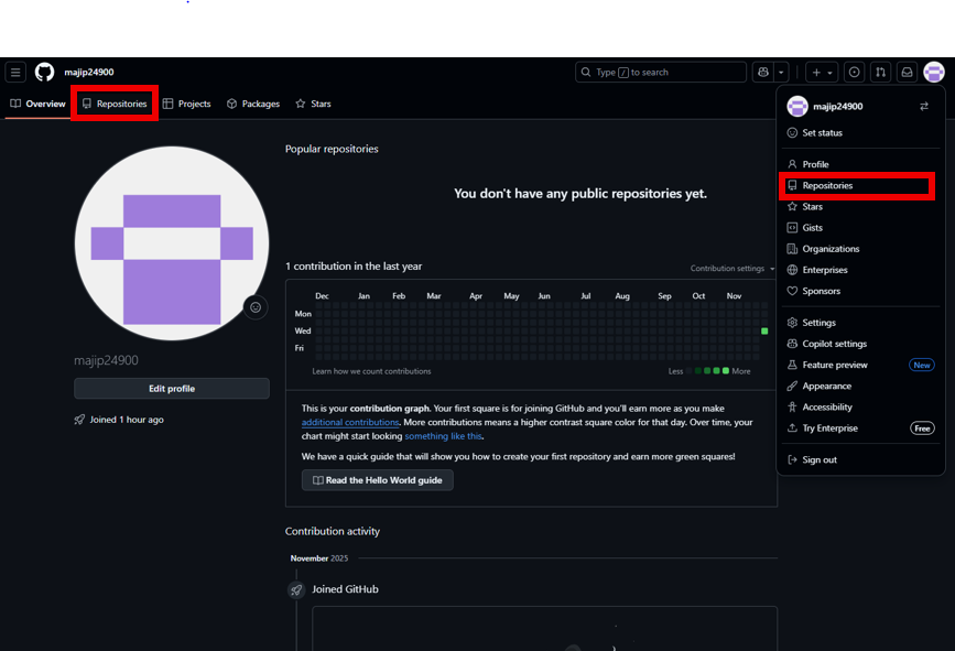 GitHub top navigation menu with New repository option