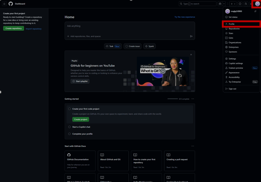 GitHub profile dropdown menu with options