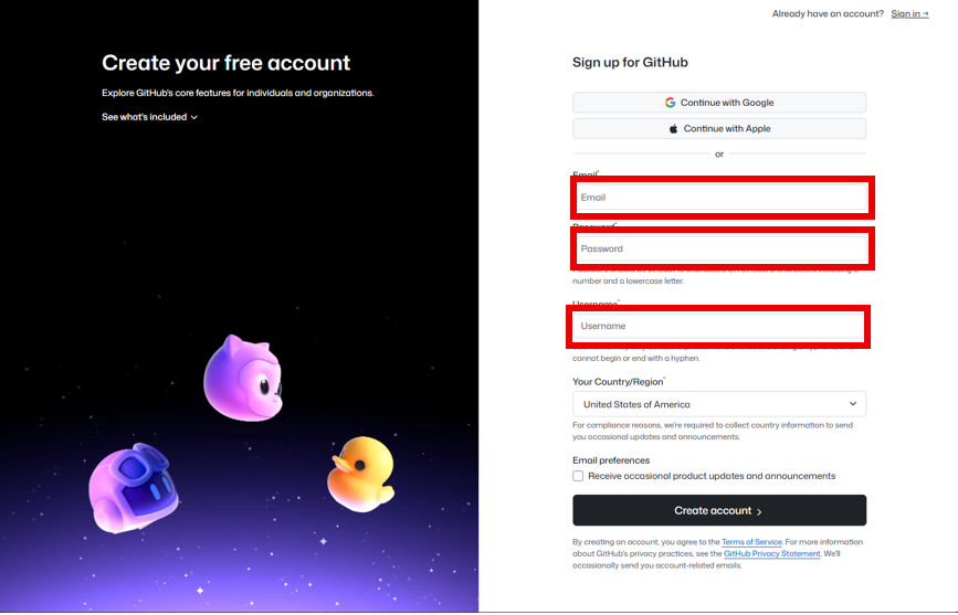GitHub sign-up form