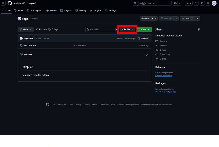 GitHub repository page showing Add file menu with Upload files option